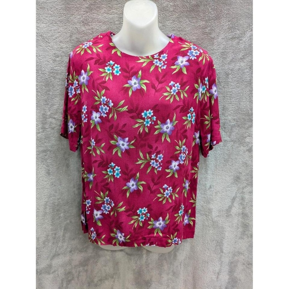 Vintage Cottagecore Blouse Womens Medium Red‎ Floral Keyhole Back Casual